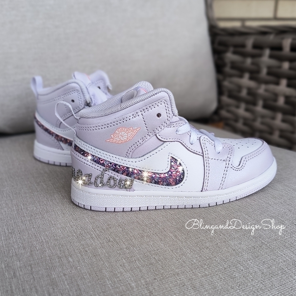 Girls Jordan 1 Mid SE Toddler Shoes Custom With Swarovski Crystals Personalized